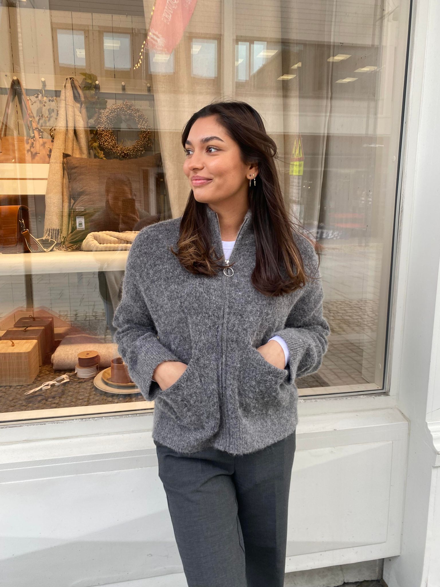 Sia Ras Zipper Strikket Cardigan - Grå/ Medium Grey Melange